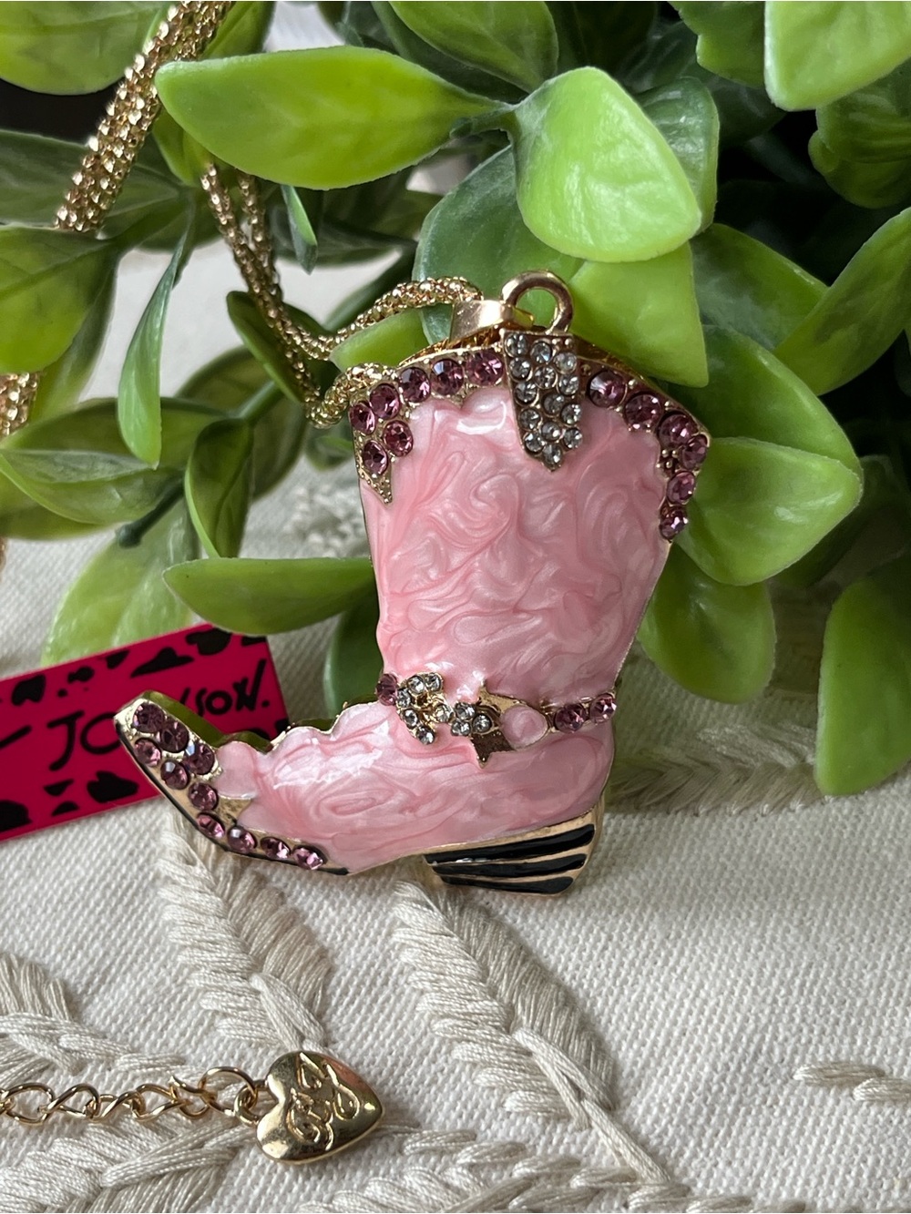 Betsey Johnson Pink Jeweled Cowboy Boot Pendant Necklace ~New~ - Picture 4 of 8
